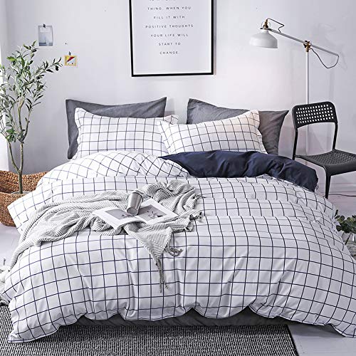 Faincy Full Comforter Set, White Black Grid Geometric Plaid Pattern Printed Reversible Comforter - Size 80 x 90 3PC Soft Microfiber Duvet Sets 2 Pillowshams Modern Bedding in a Bag for Women Men Teen Faincy