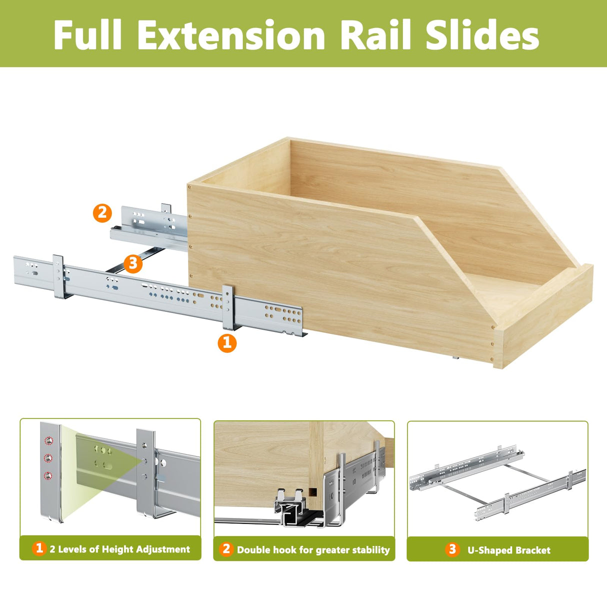 ROOMTEC Pull Out Cabinet Organizer with Full Extension Rail Slides, Wooden Pull Out Shelf for Kitchen Cabinet, Beveled 8" High Pull Out Drawer Storage Organizer with U Bracket, 19½"W×21"D, Soft Close ROOMTEC
