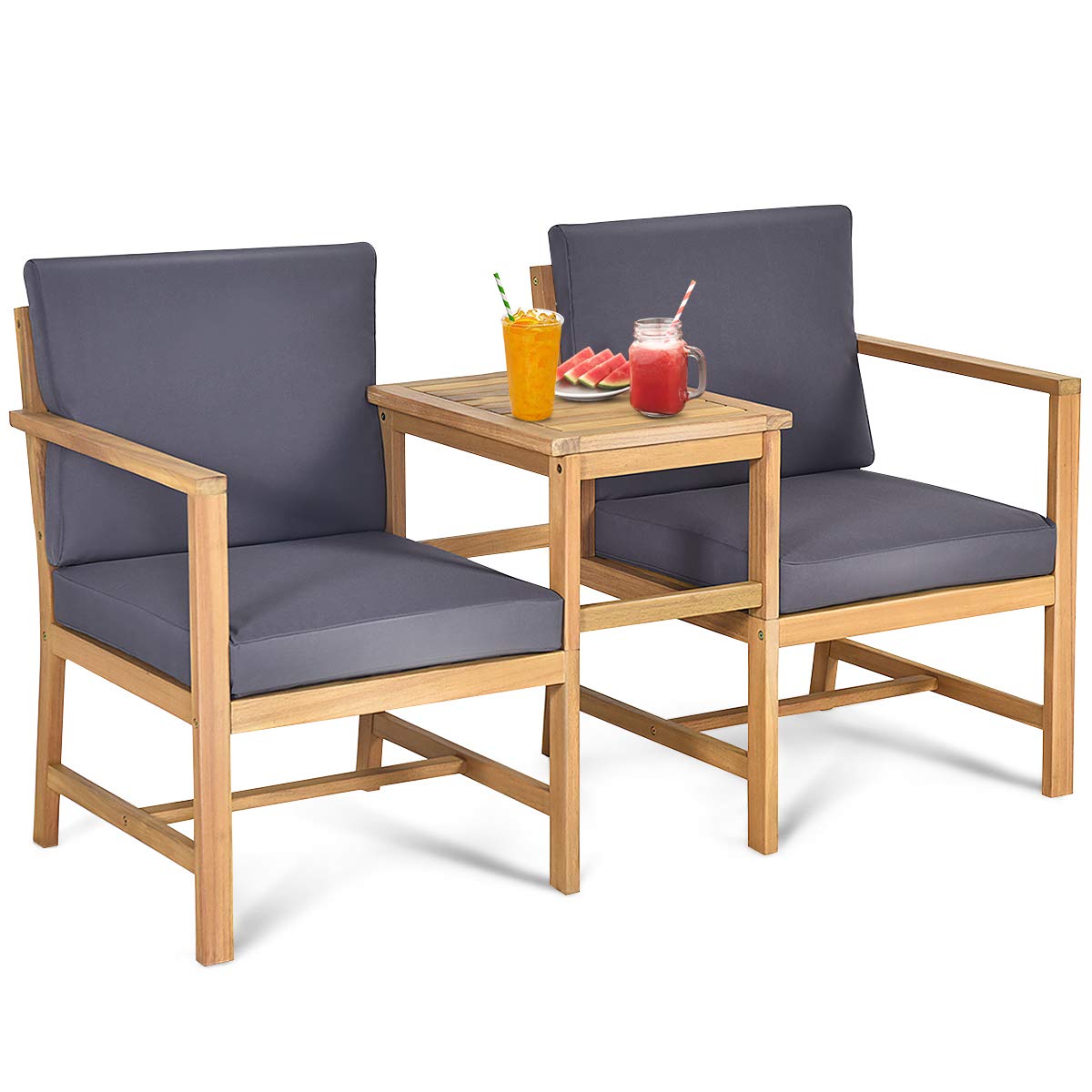 Tangkula 3 in 1 Acacia Wood Loveseat with Separable Coffee Table, 3-Piece Wooden Chairs Set with Cushions, 2-Seater Outdoor Furniture Set for Garden Backyard Balcony Patio Poolside (Natural Teak) Tangkula