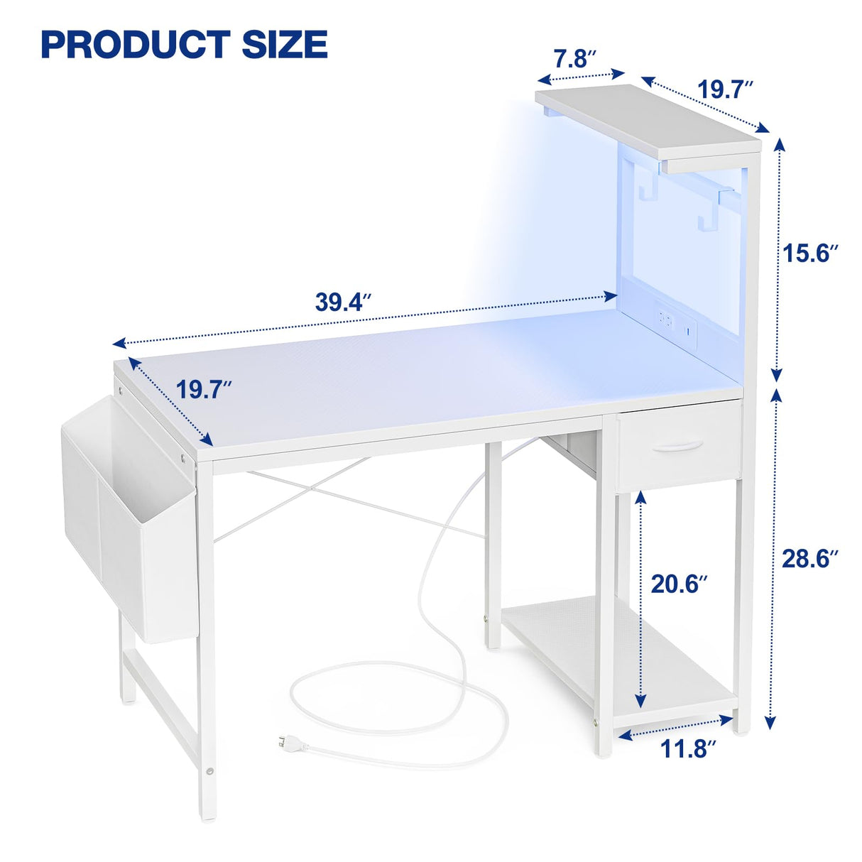 Grandder Gaming Desk 40 Inch with Power Outlet and LED Light, Computer Desk with Reversible Shelves and Storage Drawer, Pc Small Desk for Home Office Table with Bag, Carbon Fiber White Grandder