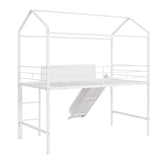 Twin House Loft Beds with Slide and Chalkboard, Low Loft Bed Twin Size, Metal House Bed with Guardrail and Ladder, Metal Twin Size Loft Bed for Kids Teens Girls Boys (Twin, White) Harper & Bright Designs
