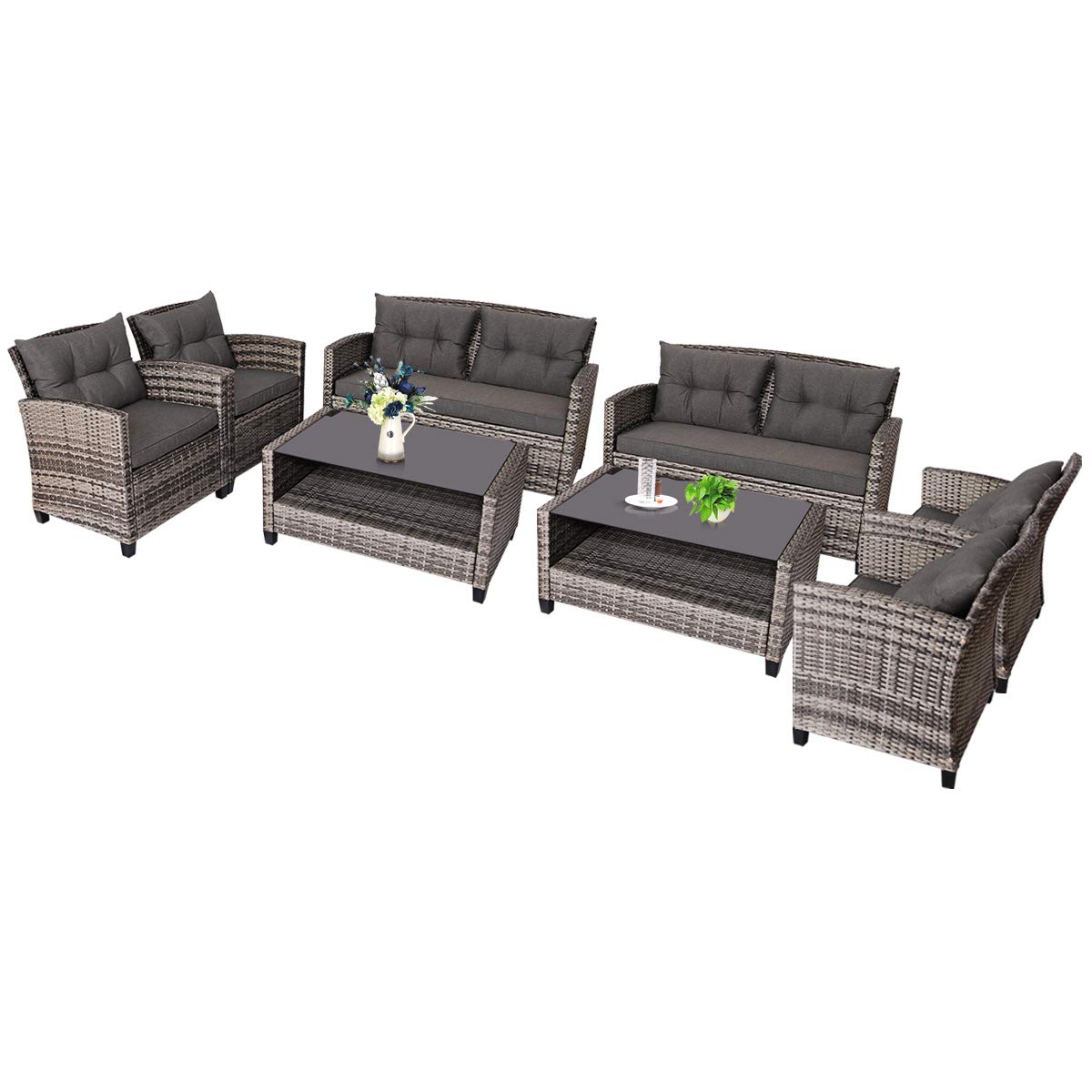 COSTWAY 8PCS Patio Rattan Furniture Set Coffee Table Cushioned Sofa Garden Lawn Gray - WoodArtSupply