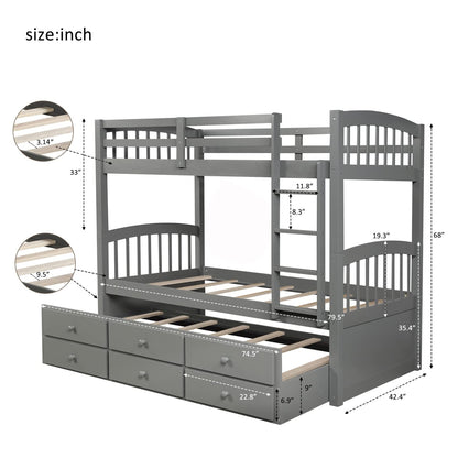 Harper&Bright Designs Twin Over Twin Bunk Bed with Twin Trundle Bed, 3 Storage Drawers, Safety Rail, and Ladder for Bedroom, Guest Room Furniture, Grey