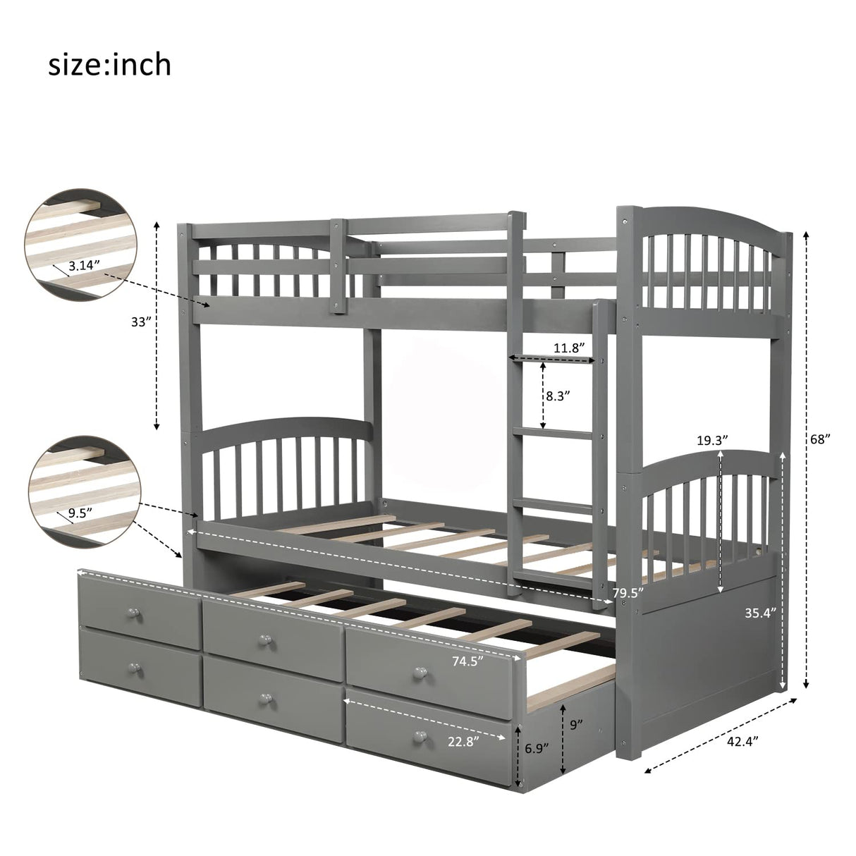 Harper & Bright Designs Twin Over Twin Bunk Bed with Trundle and Storage, Solid Wood Bunk Bed Frame with 3 Drawers for Kids, Teens, Adults (Gray) Harper & Bright Designs