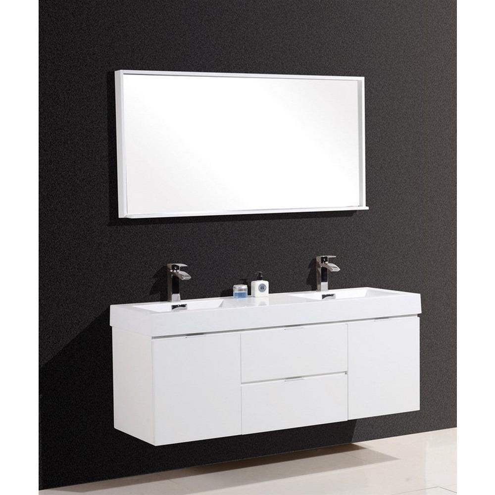 Kubebath Bliss 60" Double Sink High Gloss White Wall Mount Floating Modern Bathroom Vanity Kube Bath