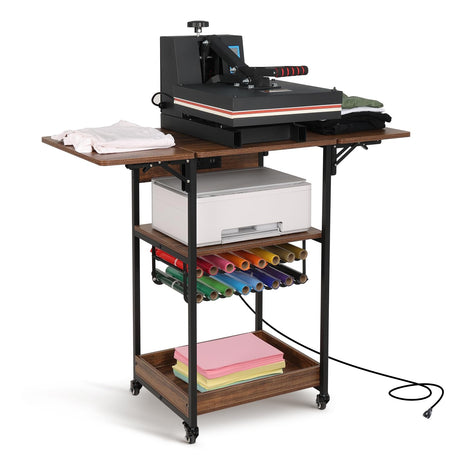 Kokorona Heat Press Table Stand with Vinyl Roll Holder & Charging Station, 3 Tier Heavy Duty Heat Transfer Machine Stand for Sublimation Print, Movable Rolling Metal Workbench with Folding Shelf Kokorona