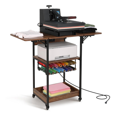 Kokorona Heat Press Table Stand with Vinyl Roll Holder & Charging Station, 3 Tier Heavy Duty Heat Transfer Machine Stand for Sublimation Print, Movable Rolling Metal Workbench with Folding Shelf