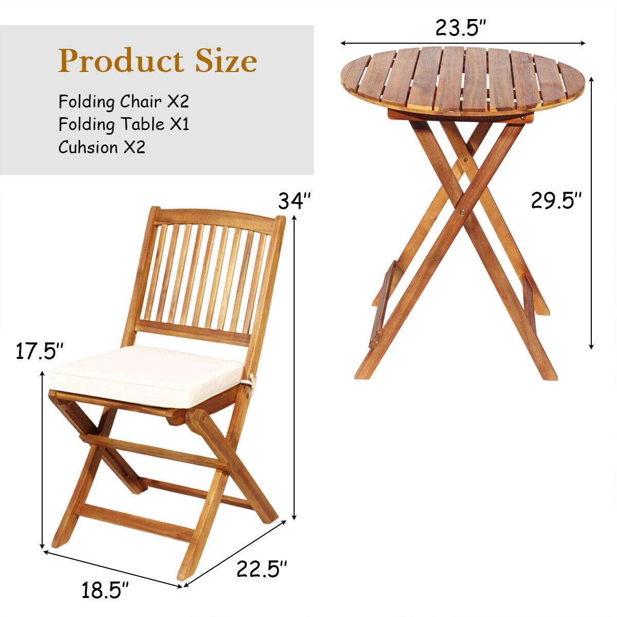 Tangkula 3 PCS Patio Folding Bistro Set, Outdoor Acacia Wood Chair and Table Set w/Padded Cushion& Round Coffee Table, Ideal for Indoor Patio Poolside Garden (Cream) - WoodArtSupply