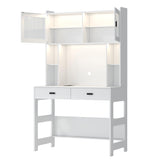 LVSOMT Home Office Desk with Hutch, Modern Computer Gaming Desk with LED Lights & Power Outlets, White Study Table with Storage Shelves, Teen Writing Desk for Bedroom, 40'' W LVSOMT