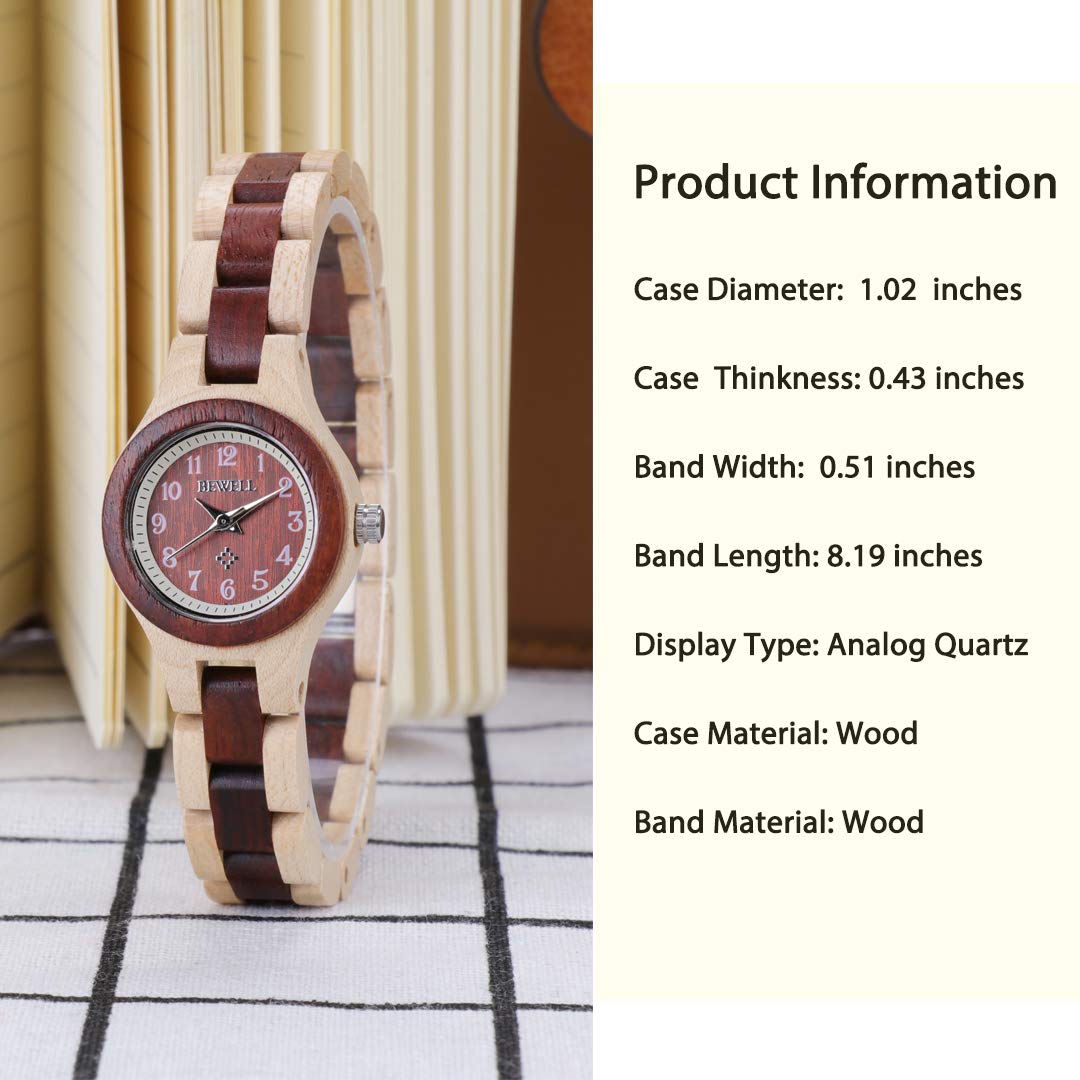BEWELL Wood Watch Women Analog Quartz Handmade Lightweight Dress Wristwatches with Small Dial BEWELL