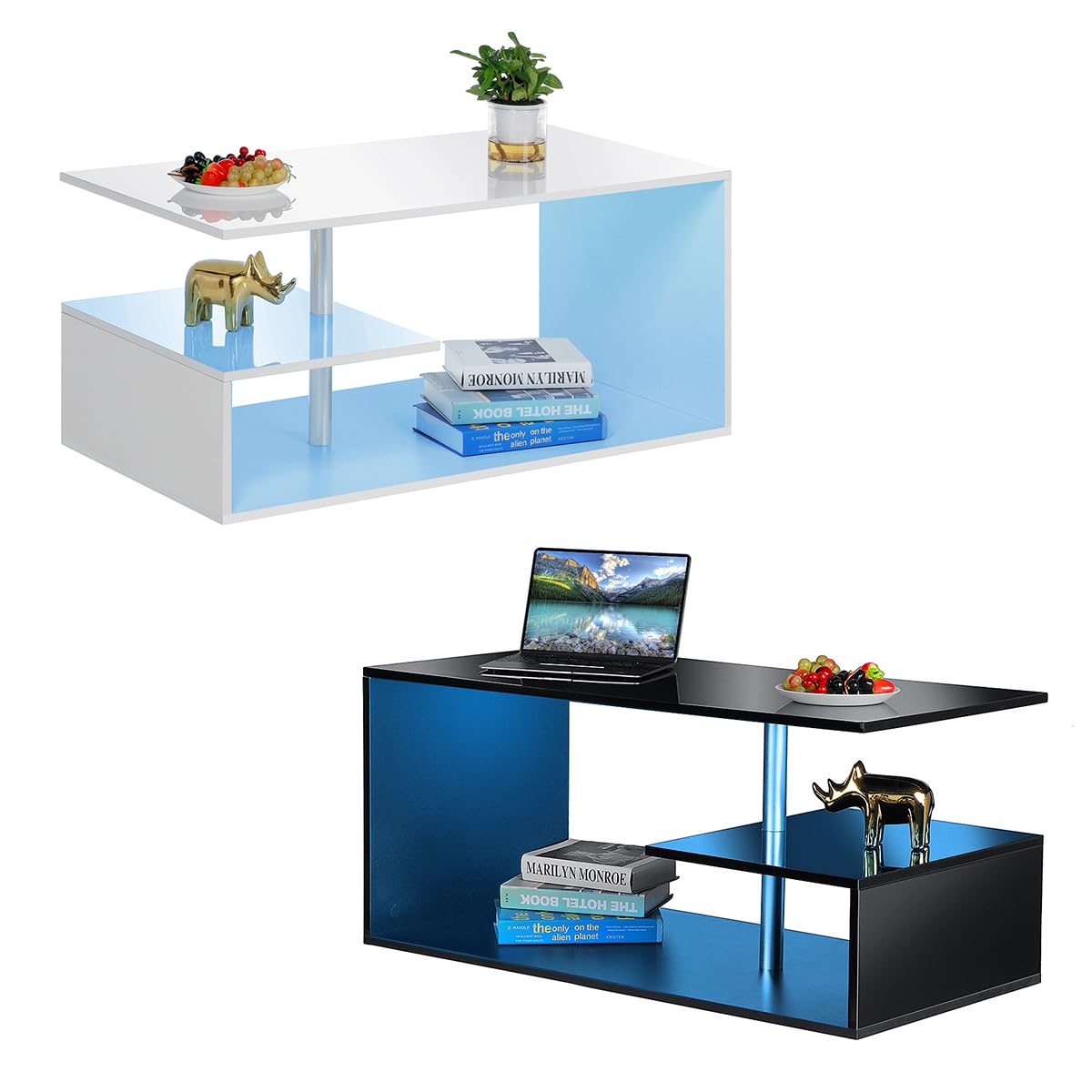 HOMMPA LED Coffee Tables for Living Room Modern Black Coffee Table with S-Shaped 3 Tiers Open Storage Shelf High Gloss Center Sofa Tea Table with LED Lights for Home Office Furniture Black 18" Tall HOMMPA