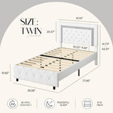 HOMBCK Twin Bed Frame with Diamond Headboard, Faux Leather Upholstered Platform Bed, Mattress Foundation, No Box Spring Needed, Easy Assembly, Pearlized White HOMBCK