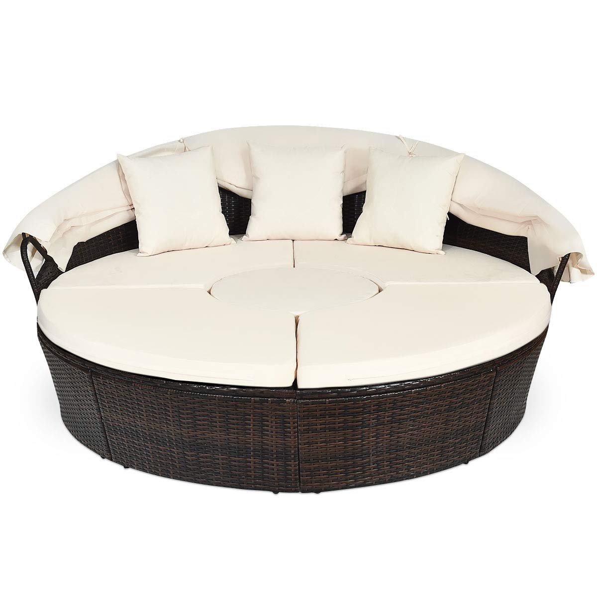 COSTWAY Patio Round Daybed with Retractable Canopy, Wicker Furniture Sectional Couch with Separate Cushioned Seats, Adjustable Table Top, Patio Rattan Daybed Sofa for Backyard, Poolside, White COSTWAY