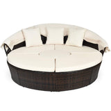 COSTWAY Patio Round Daybed with Retractable Canopy, Wicker Furniture Sectional Couch with Separate Cushioned Seats, Adjustable Table Top, Patio Rattan Daybed Sofa for Backyard, Poolside, White COSTWAY