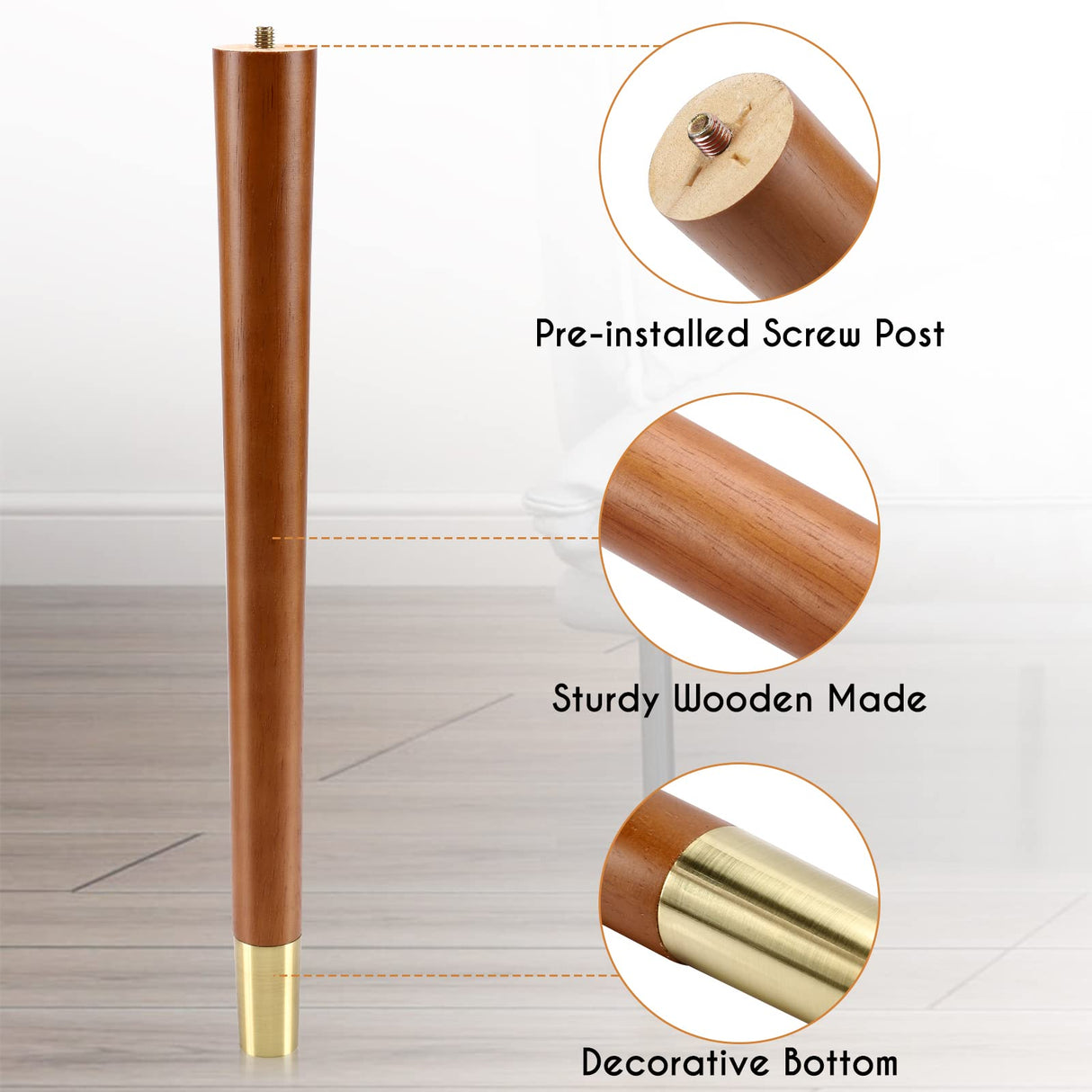 XBurmo Mid Century Table Legs,16'' Angled Tapered Solid Wood Table Legs for Stool Bench,Legs for Furniture set of 4 with Gold Metal Edge Mounting Plates XBurmo