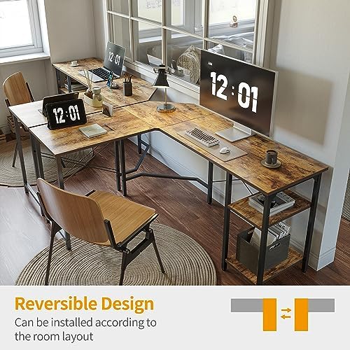 CubiCubi L Shaped Desk, 59.1 Inch Reversible Corner Desk with Storage Shelves, Home Office Desk for Writing Gaming Study, Rustic Brown CubiCubi