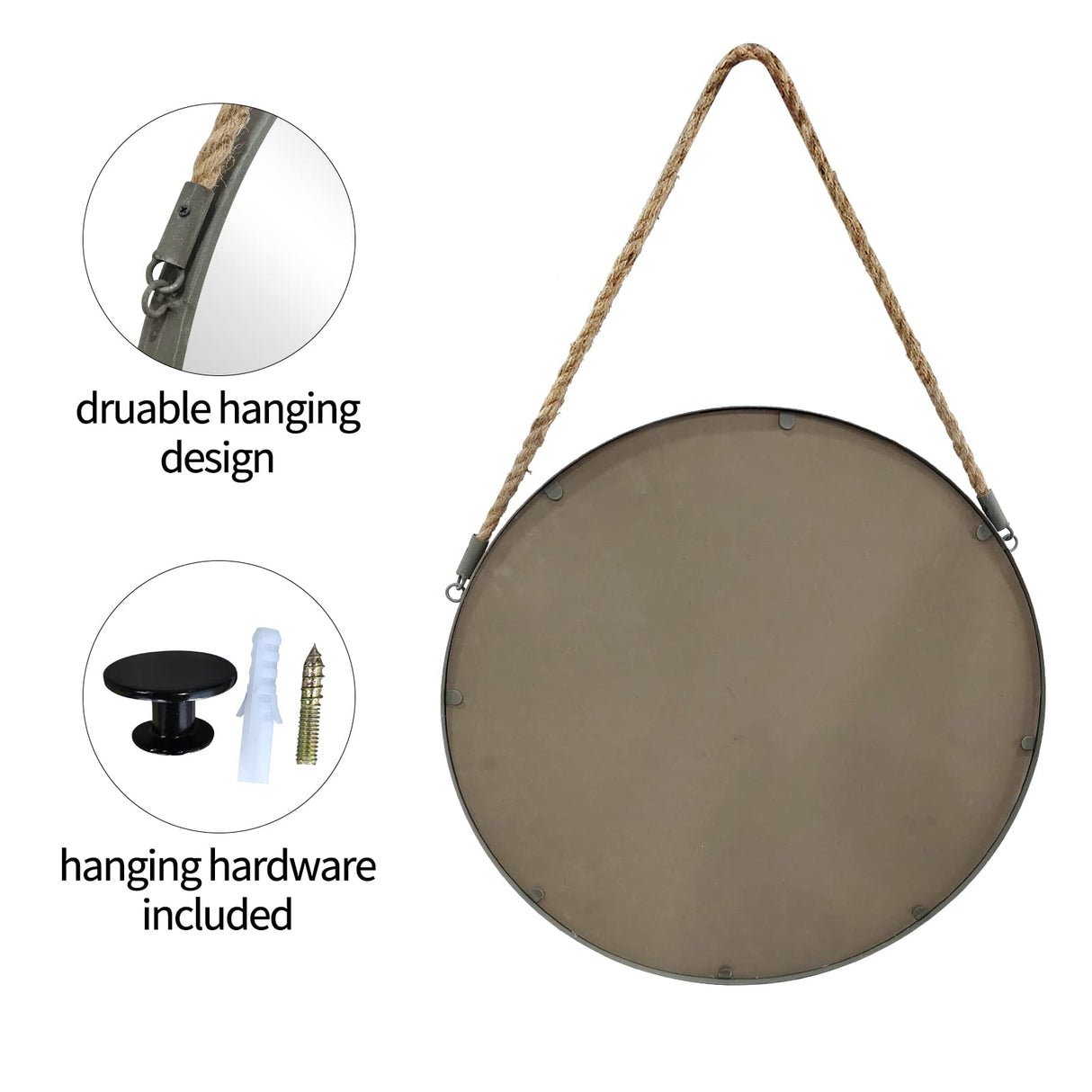POZINO Round Mirror, Rope Hanging Mirror, 15 Inch Farmhouse Circle Wall Mirror for Bathroom Bedroom Living Room Entryway Home Decor, Grey POZINO
