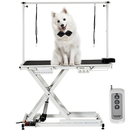 50'' Electric Dog Grooming Table, Heavy Duty, Height Adjustable Pet Grooming Table with Socket w/Leveling Wheels, Grooming Arm, Anti Slip Tabletop & Tool Organizer, for All Pets White Towallmark