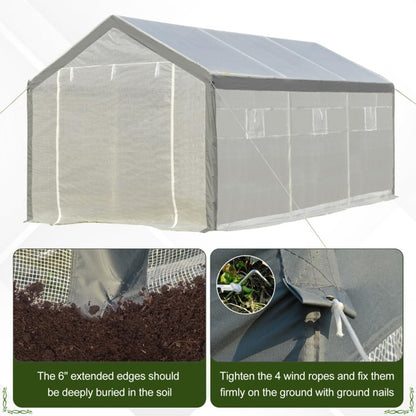 20' x10' x 9' Walk-in Greenhouse with Roll Up Door with 8 Closeable Windows，Outdoor Gardening Canopy，White