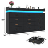 12 Drawer Dresser with LED Light and Charging Station, 70" Modern Chest of Drawers for Closet, Wide Drawer Organizer Cabinet for Bedroom, Living Room, Entryway, Hallway, Black Hlivelood
