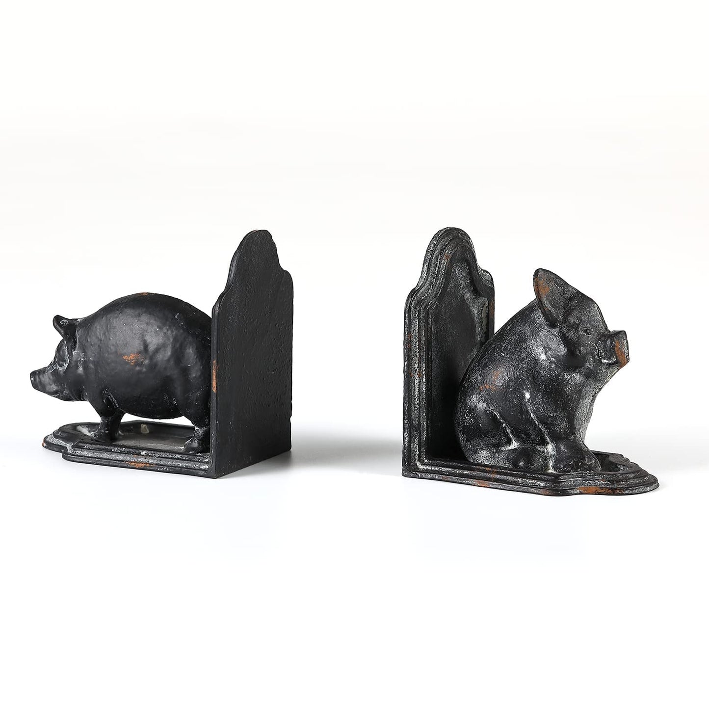 Retrome Pig Bookends, Set of 2 Farmhouse Book Ends, Distressed Gray