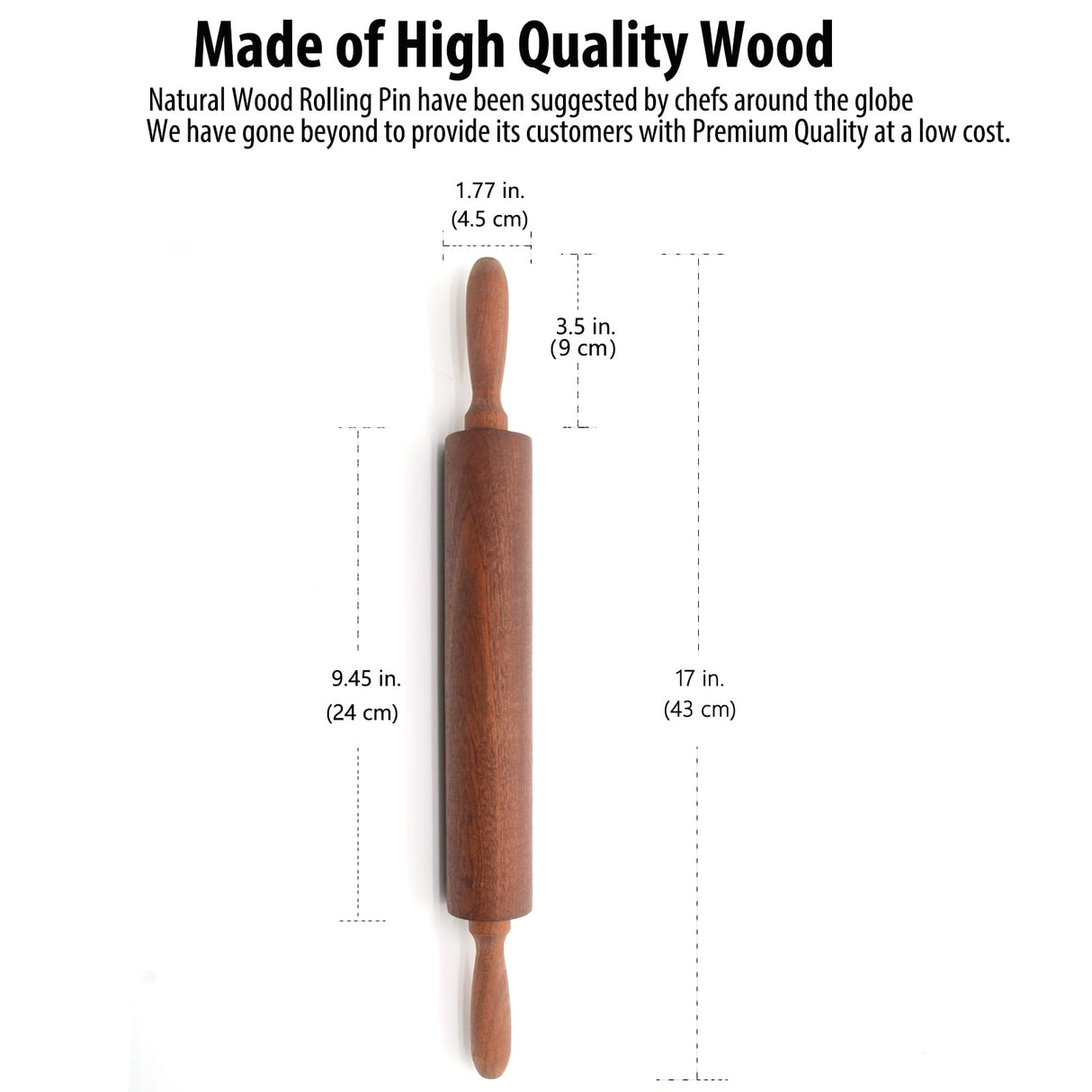 TUSIWIT Classic Sapele Wooden Rolling Pin With Handles,Wood Baking Roller （17''L x 1.77"W) TUSIWIT