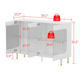 Homsee Storage Cabinet with 3-Color LED Lights, Glass Shelves & 4 Compartments, Sideboard Buffet Cabinet with Solid Legs, Modern Wood Display Cabinet for Living Room, Bedroom & Hallway, White Homsee