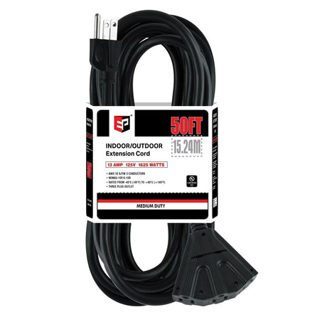 EP 50 Ft Outdoor Extension Cord with 3 Electrical Power Outlets - 16/3 SJTW Black Cable with 3 Prong Grounded Plug for Safety Great for Christmas Lights, Garden and Major Appliances EP