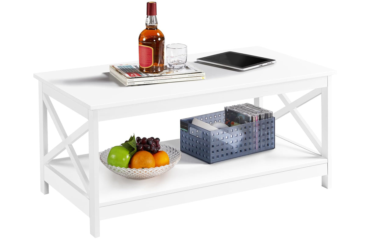 Yaheetech Wood 2-Tier White Coffee Table with Storage Shelf for Living Room, X Design Accent Cocktail Table, Simple Design Home Furniture, 39.5 x 21.5 x 18 Inches Yaheetech