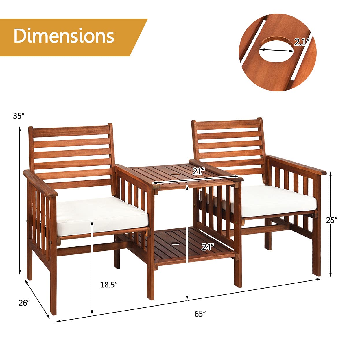 HAPPYGRILL Acacia Wood Loveseat with Table Patio Bistro Set Wooden Table Chairs Set with Cushions, Outdoor Furniture Set with 2.1-inch Umbrella Hole for Garden Balcony