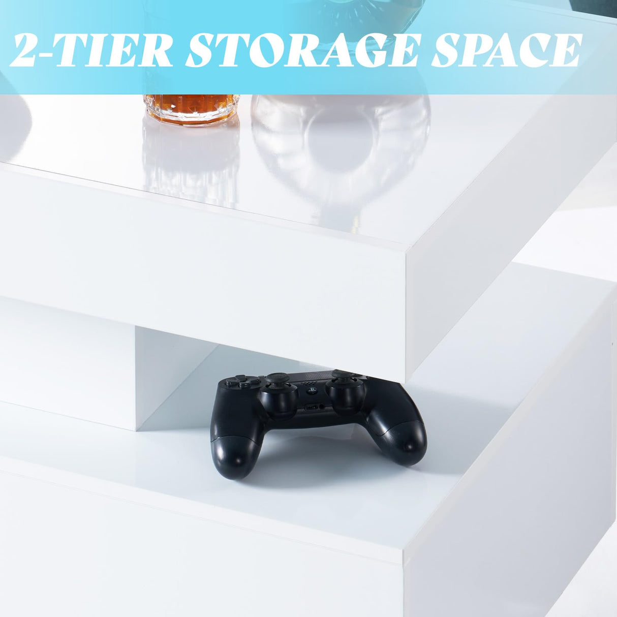 AMERLIFE High Gloss LED Coffee Table, Modern 2-Tier Center Table with LED Lights, Open Storage Space, 40in Simple Rectangular Sofa Side Table for Living Room, White AMERLIFE