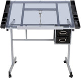 Epetlover Adjustable Drafting Table Drawing Desk Folding Tempered Glass Top Art Craft Work Station w/2 Slide Storage Drawers and Wheels Epetlover