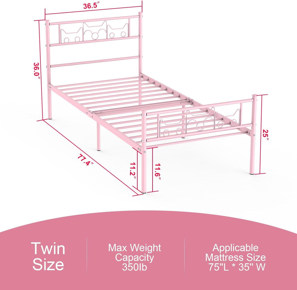 Newest Kitty Design Twin Bed Frames with Bedside Storage Caddy for Girls Metal Platform Twin Size Mattress Foundation Single Beds with Headboard Pink SENLOO