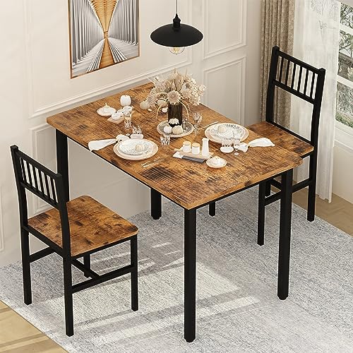 AWQM 3 Piece Dining Table Set for 2, Small Kitchen Table Set for 2 with Chairs,Wood Breakfast Nook Table and Chairs Set of 2,Dinette Set for Small Space,Dining Room,Apartment, Brown AWQM