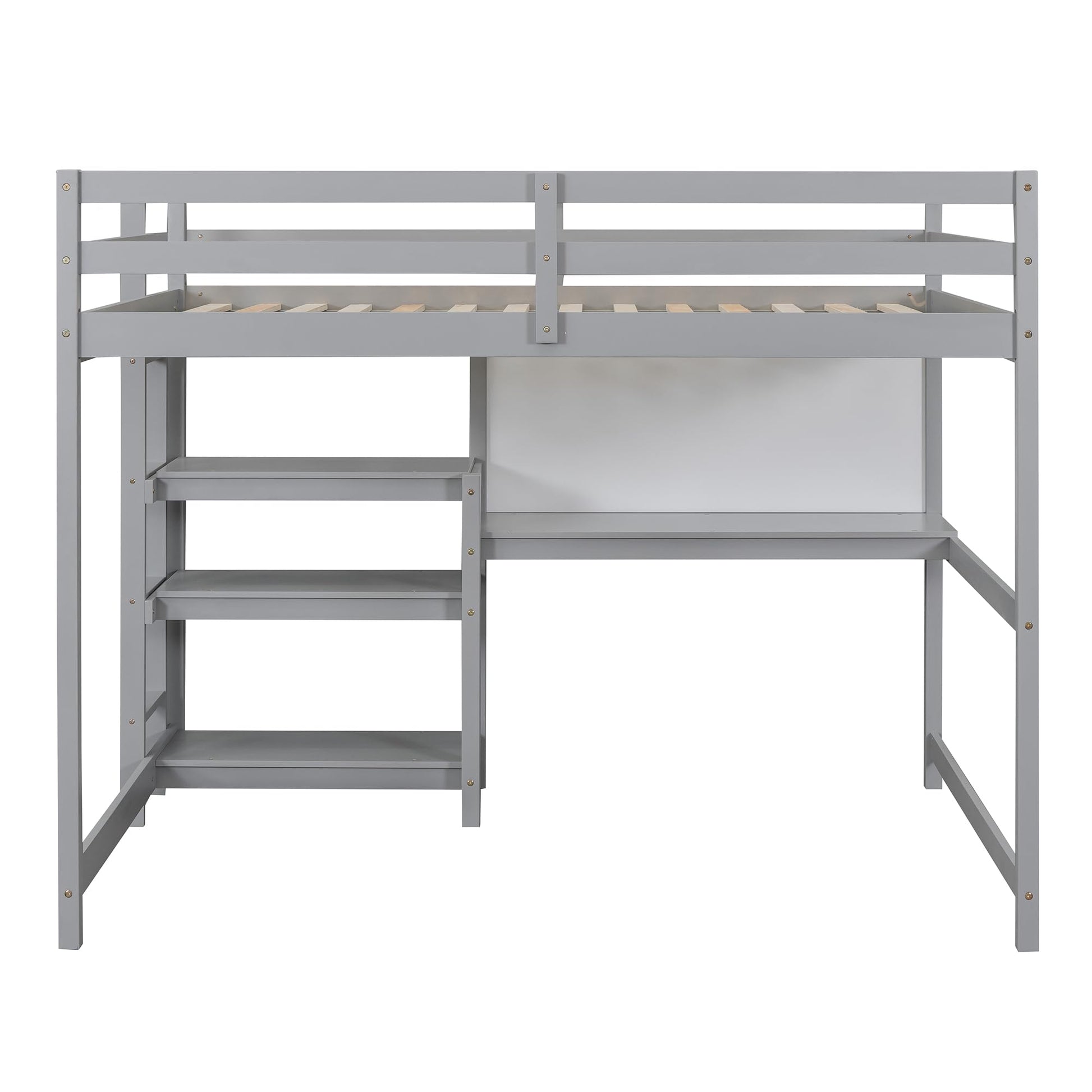 Harper & Bright Designs Full Size Gray Loft Bed with Integrated Desk, Bookshelf, and Writing Board - WoodArtSupply