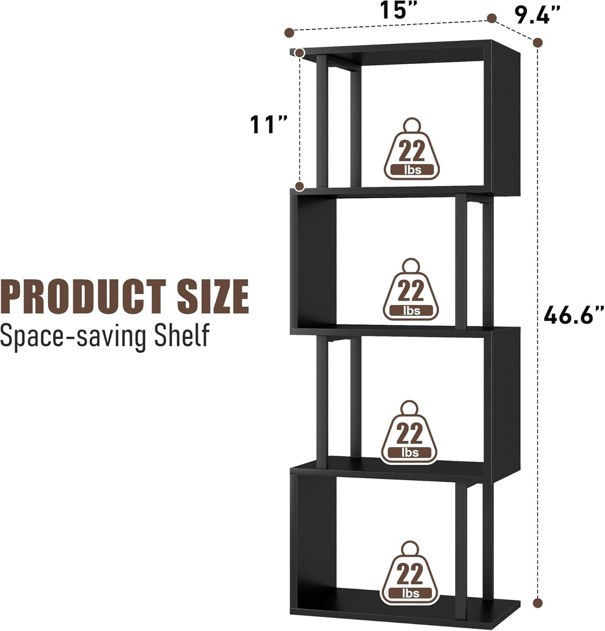 Gadroad 4-Tier Bookshelf, Narrow S-Shaped Geometric Bookcase, Wood Decorative Storage Shelving, Modern Freestanding Display Shelves, Book Shelf Unit for Living Room Bedroom Home Office, Black Gadroad