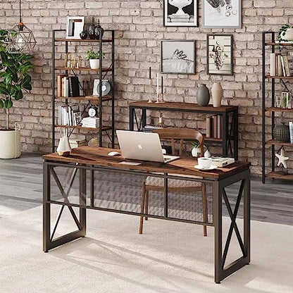 BON AUGURE 60 Inch Computer Desk for Home Office, Industrial Metal Wood Desk, Farmhouse Large Writing Desk, Modern Sturdy Gaming Desk (Rustic Oak) - WoodArtSupply