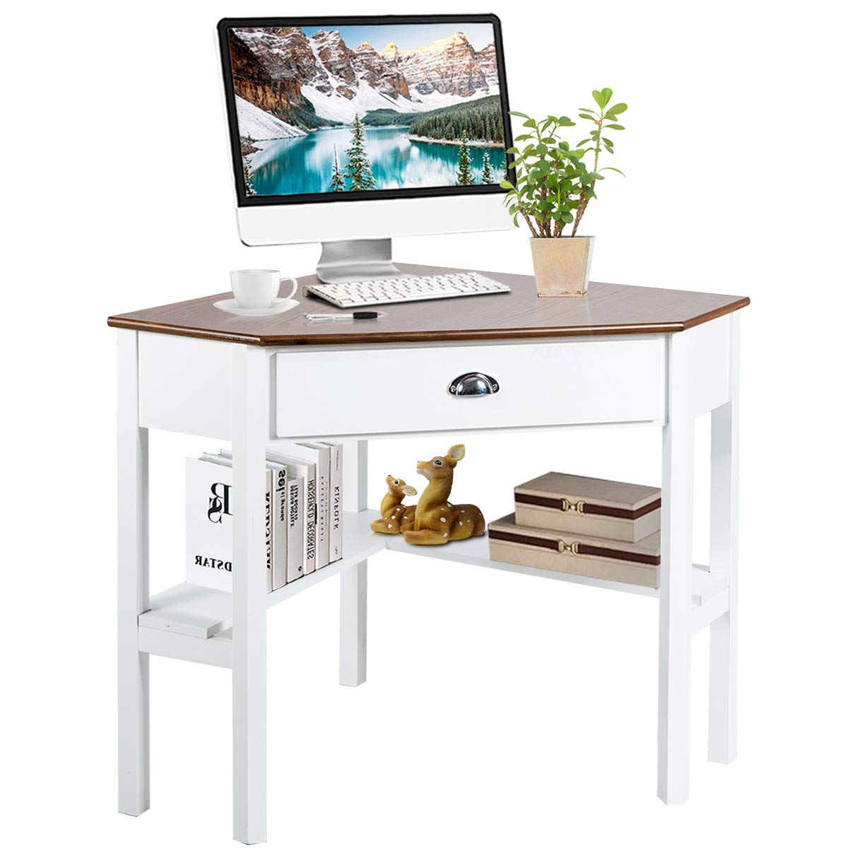 Tangkula Corner Desk, Corner Computer Desk with Drawer for Small Space, Small Corner Makeup Vanity Desk, 90 Degrees Triangle Corner Desk with Storage Shelves (Natural & White) - WoodArtSupply