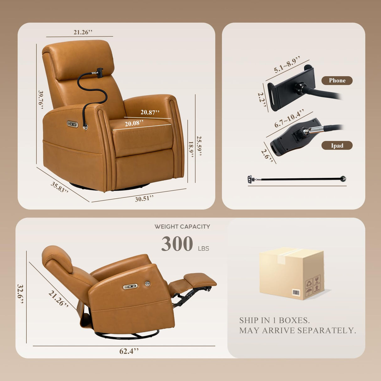 COLAMY Electric Power Swivel Recliner Chair, PU Leather Rocking Chair, 270° Swivel 145° Recliner Chair with Built-in Charging Ports for Living Room, Home, CognacBrown COLAMY