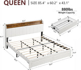 XKLOGER Queen Bed Frame with Headboard & Charging Station, Upholstered Platform Bed Frame with 2 Storage Drawers, Sturdy Wooden Slats Support/No Box Spring Needed/Noise Free/Easy Assembly/White XKLOGER