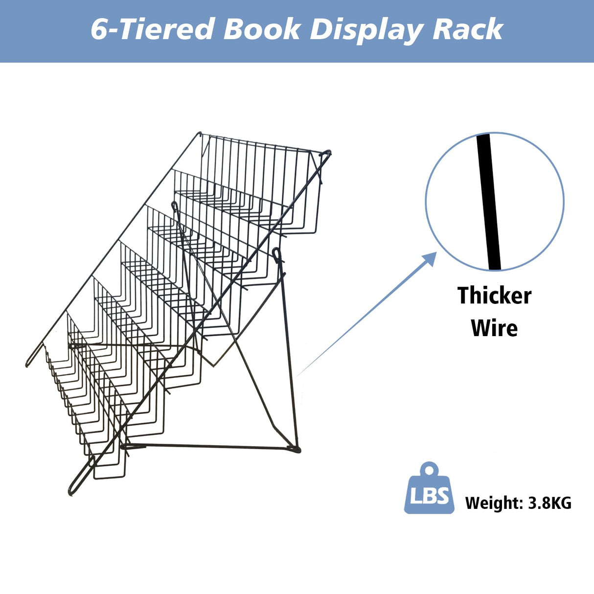 NEESEEYEE 6 Tier Wire Magazine Rack - Comic Book Rack Wide Wire Tabletop Display Rack for Exhibitions Office Table Top Book Brochure Literature Comic Greeting Card Shelf Holder Stand NEESEEYEE
