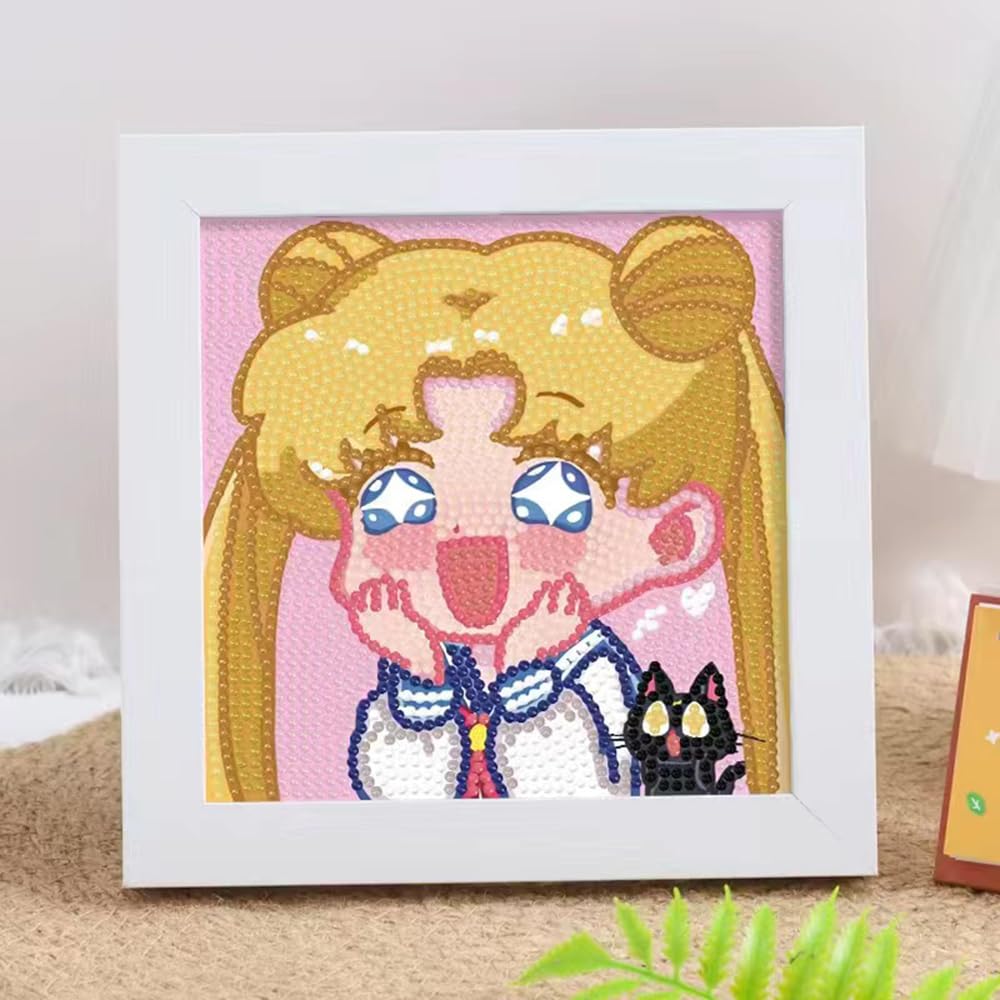 PERFECTSIGHT Cute 5D Diamond Art Kits with Wooden Frame, Kawaii DIY Painting Art for Adults Teen, Diamond Arts and Crafts Sets, Big Gem Full Drill Diamond Dots for Women Beginners (Moon) PERFECTSIGHT