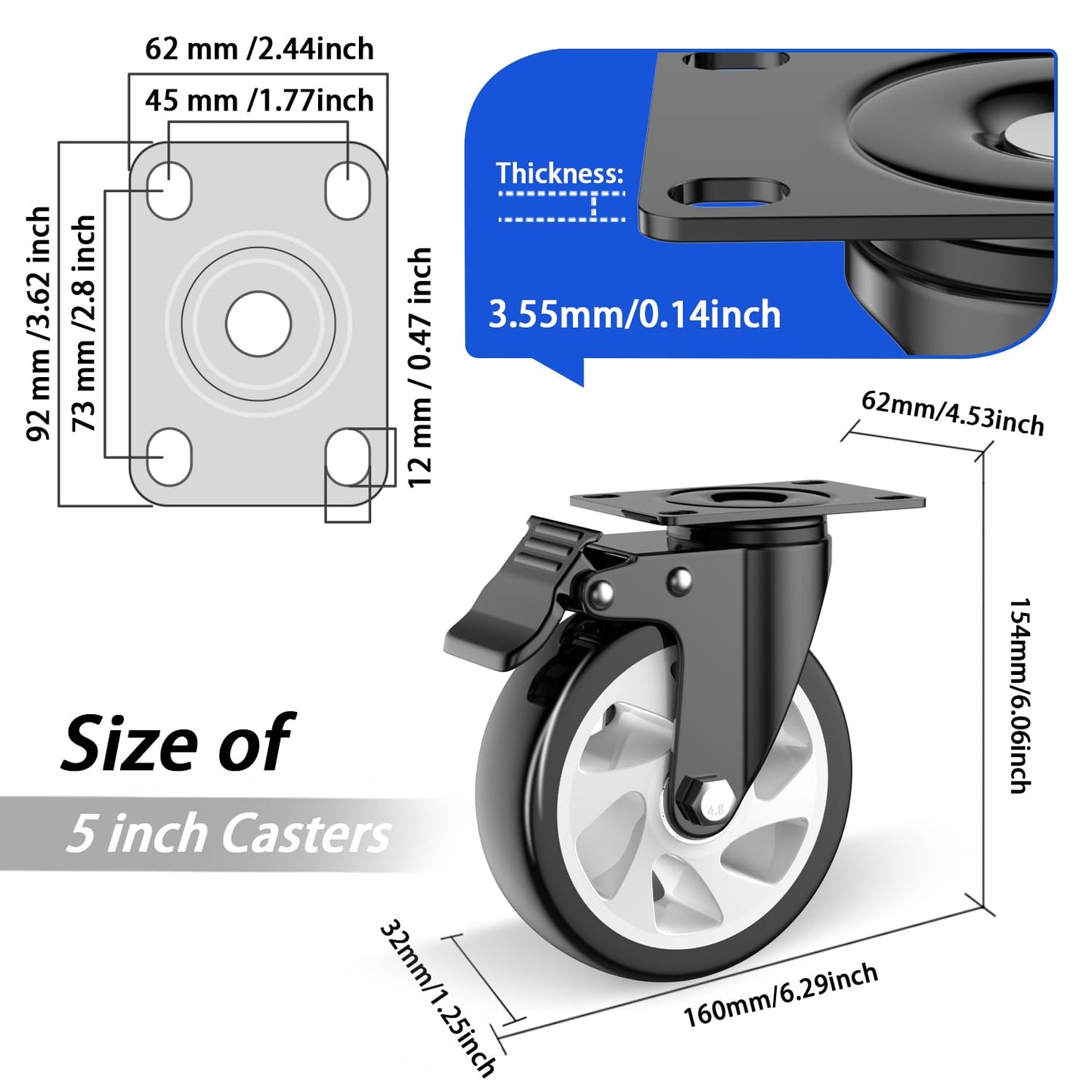 5 inch Caster Wheels, Heavy Duty Casters Set of 4, Locking Swivel Industrial Plate Casters with Double Ball Bearings,Wheels for Furniture, Workbench, Cart(Two Hardware Kits Include)