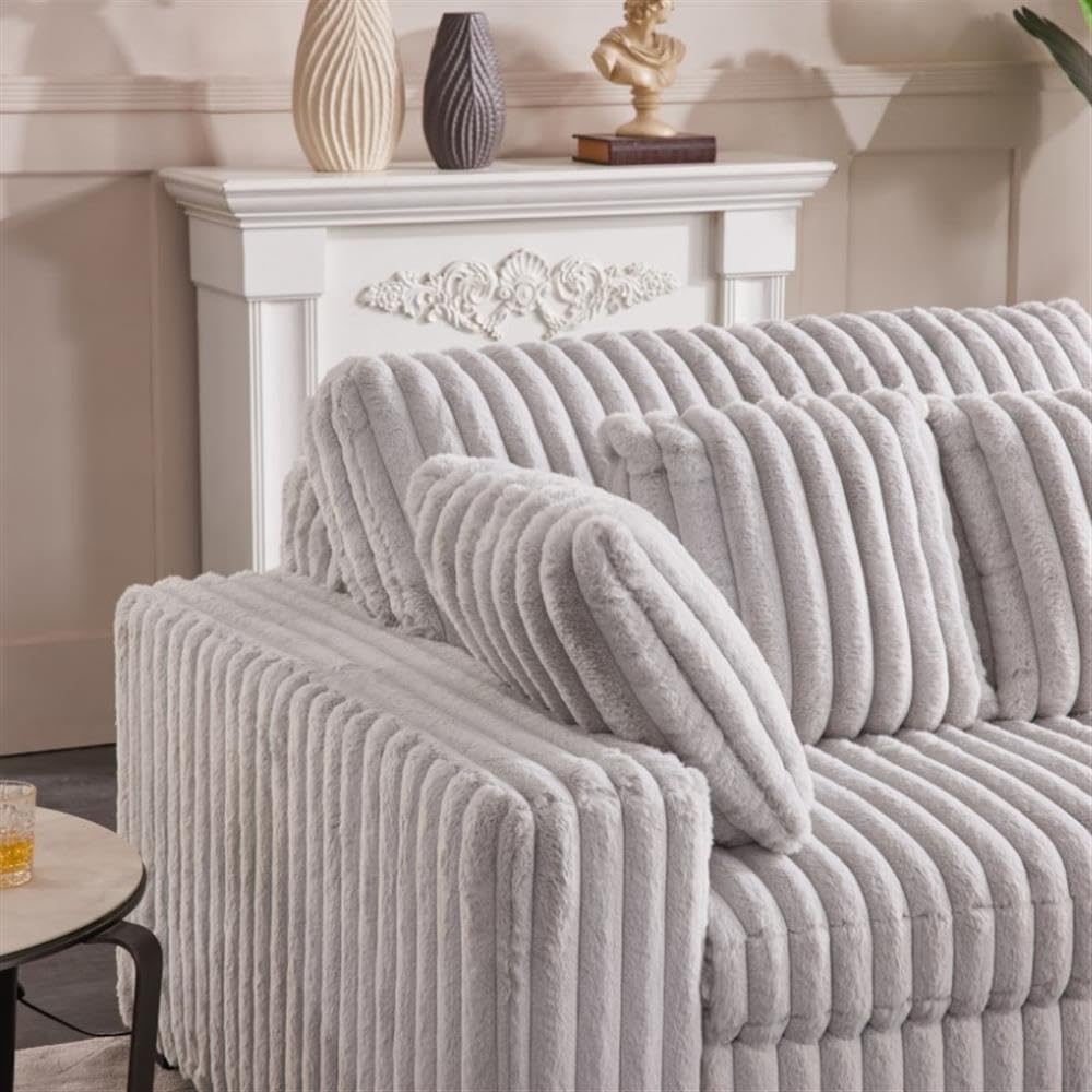 Pemberly Row 113" W Corduroy Fabric Cloud Convertible Sectional Deep Seat Sofa Slider with Power Recliner Glider, USB Charging Ports, and 6 Cushions in Presley Charcol for Living Room Pemberly Row