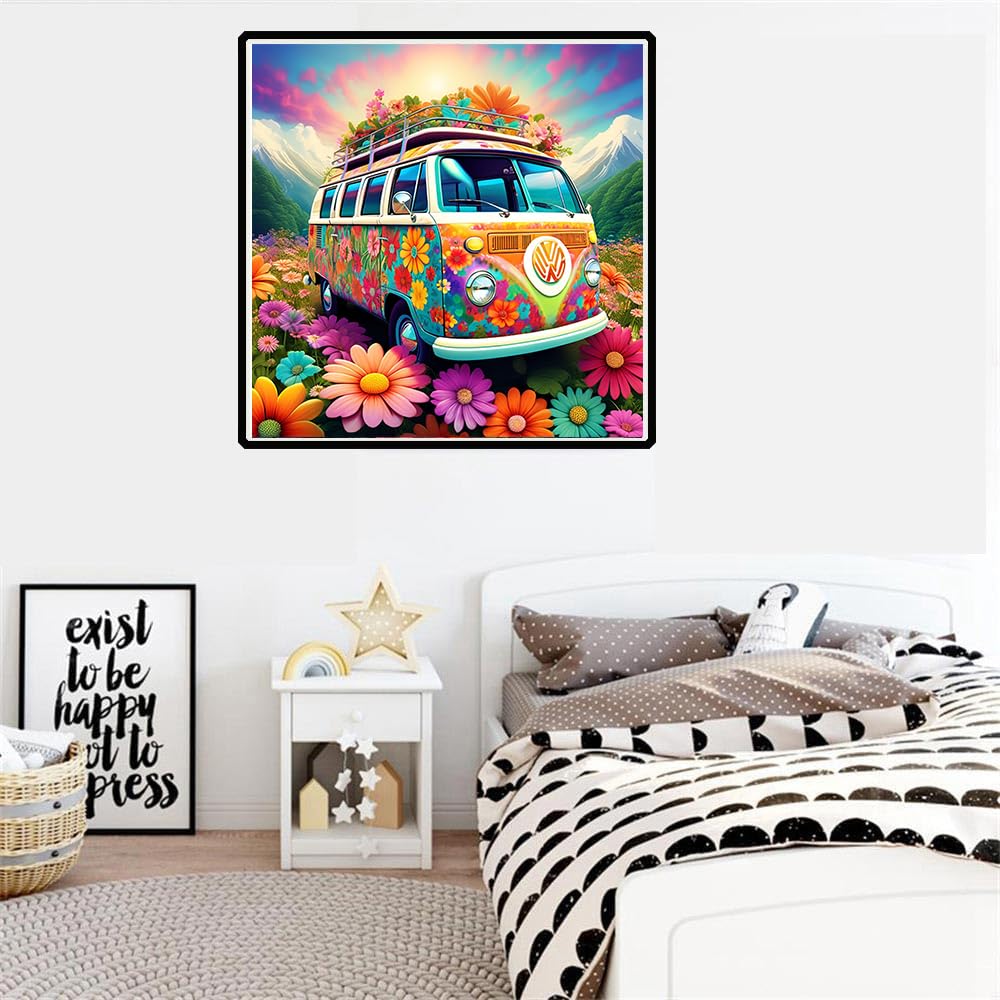 mrpwnle Flowers Bus Diamond Painting Kits for Adults-Flowers Bus Diamond Art Kits for Adults,5D Diamond Painting Bus,DIY Full Drill Diamond Painting Flower Gem Art and Crafts Kits 12x12inch mrpwnle
