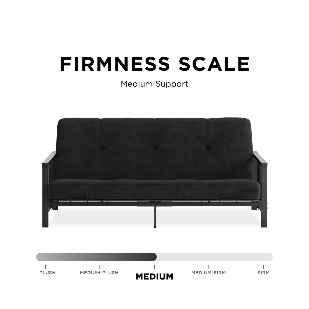 DHP Harlow Metal Arm Futon, Full Size Black Frame with 6" Grey Microfiber Mattress DHP