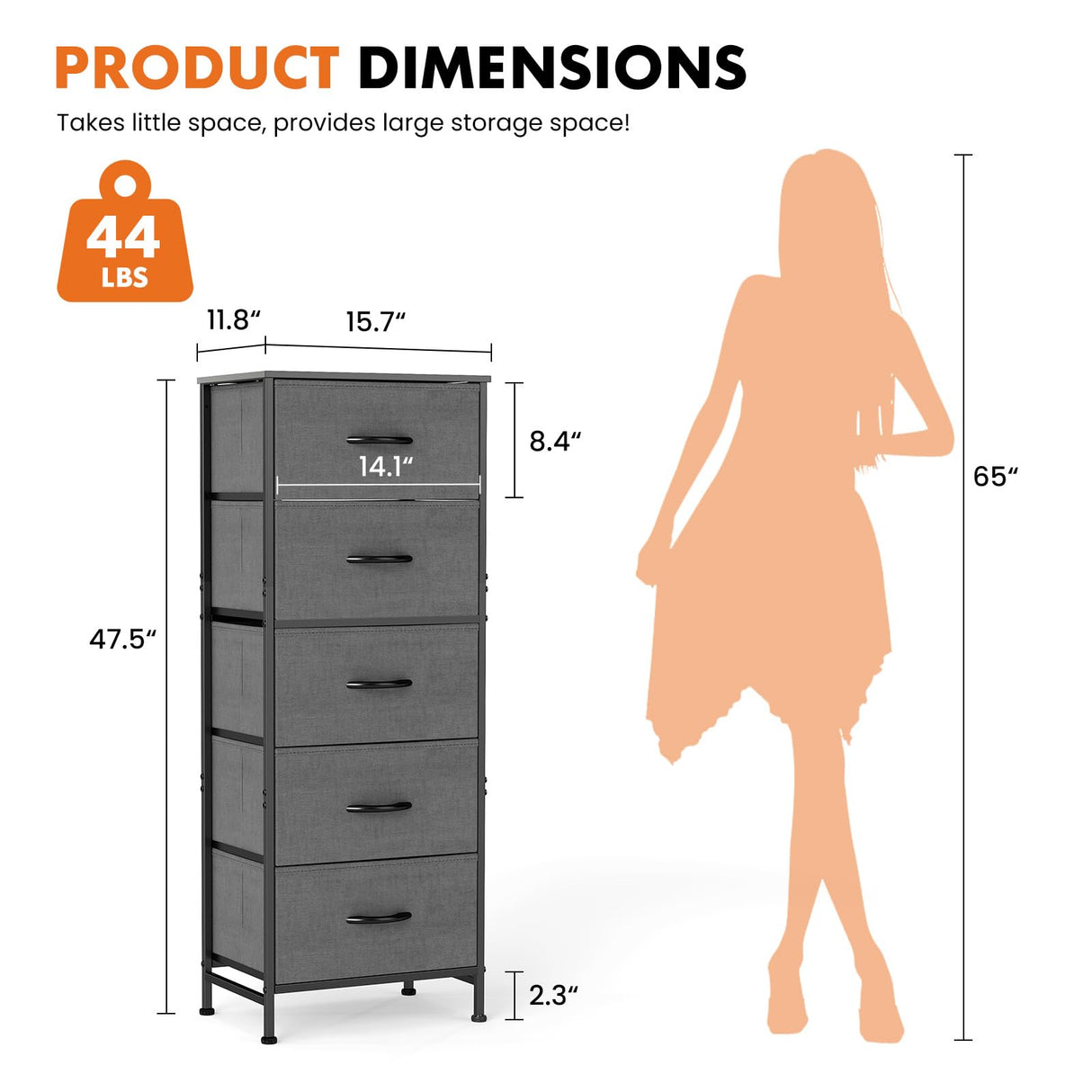 Sweetcrispy 5 Drawer Dresser with Fabric Bins, Sturdy Steel Frame and Wood Top, Storage Organizer Chest for Bedroom, Closet, Hallway, Gray Sweetcrispy