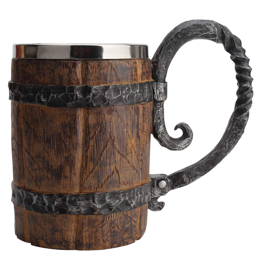 Wooden Barrel-Beer Mug, 650 ml Wood Stainless Steel Cup, Carving Beer Mug, Double Wall Cocktail Mug for Bar Restaurant, Handmade Retro Brown, Gift for Men - WoodArtSupply