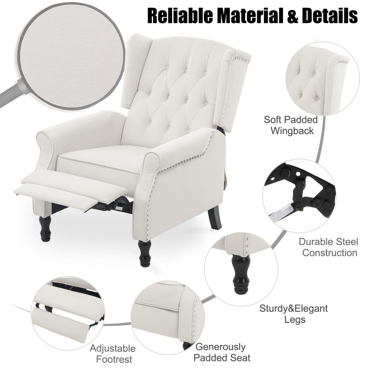 Altrobene Velvet Accent Chair, Push Back Recliner Chair, Wingback Arm Chair for Living Room/Bedroom/Home Theater/Reception Area, Light Beige Altrobene