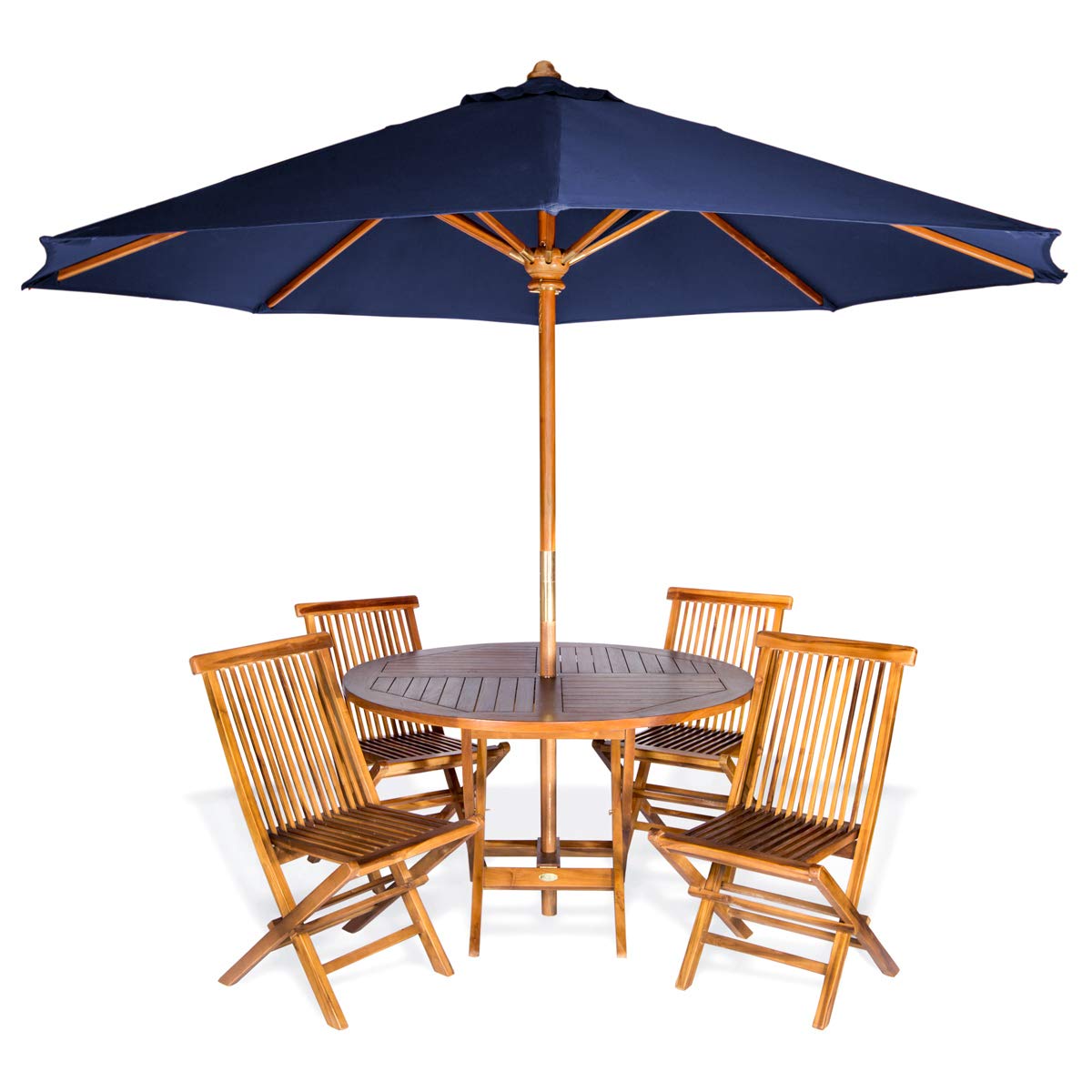 All Things Cedar TT6P-R-B 6-Piece Teak Round Patio Table Folding Chair Set with Umbrella, Blue